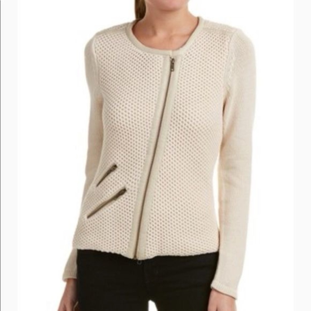 CAbi Cream Knit Diagonal Zip-Up Sweater